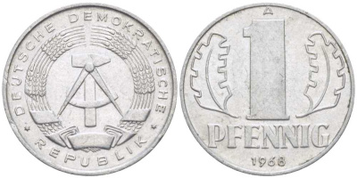 ГДР 1 ПФЕННИГ 1968 А KM 8.1 алюминий 96-628