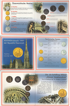 Австрия набор из 6 монет (10, 50 грошей; 1, 5, 10 и 20 шиллингов) 1997 850 лет Собору Святого Стефана, в оригинальной упакове, последний год выпуска шиллинга KM MS6 (2878, 2885, 2886, 2889a, 2918 и 3041) BU 5-6-3-32