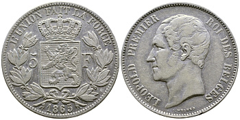 Бельгия 5 франков 1865 Леопольд I (1831-1865) KM 17 серебро 1066-20-51