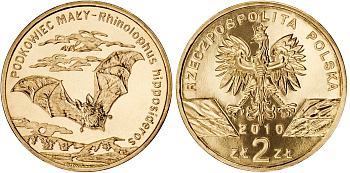 Польша 2 злотых 2010 MW, серия всемирная природа, подковоносная летучая мышь KM 723 нордик UNC 4448-1254