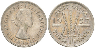 Австралия 3 пенса 1957 m, Елизавета II (1952-2022) KM 57 серебро 4621-1243