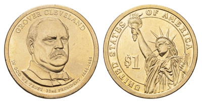США 1 доллар 2012 P, Президент США - Гровер Кливленд (1885–1889) KM 525 медь с марганцево-латунным покрытием UNC 4624-741