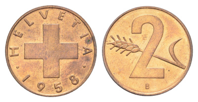 Швейцария 2 раппена 1958 B KM 47 бронза UNC 4705-1169