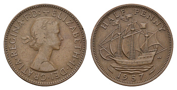 Великобритания 1/2 пенни 1957 Елизавета II (1952-2022) KM 896, Spink 4158 бронза 4699-426