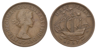 Великобритания 1/2 пенни 1957 Елизавета II (1952-2022) KM 896, Spink 4158 бронза 4699-426