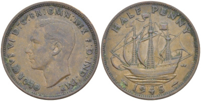 Великобритания 1/2 пенни 1945 Георг VI (1936-1952) KM 844, Spink 4115 бронза    4603-1026