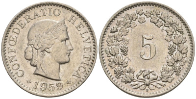 Швейцария 5 раппенов 1959 B KM 26 медно-никель 4608-448