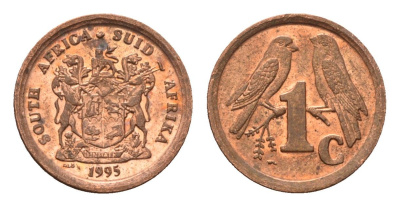 ЮАР 1 цент 1995 герб, капские воробьи KM 132 сталь плакированная медью UNC 4694-165