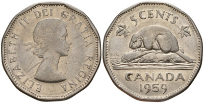 Канада 5 центов 1959 Елизавета II (1953-), бобр KM 50a никель 4189-532