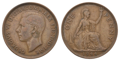 Великобритания 1 пенни 1944 Георг VI (1936-1952) KM 845, Spink 4114 бронза 4692-723