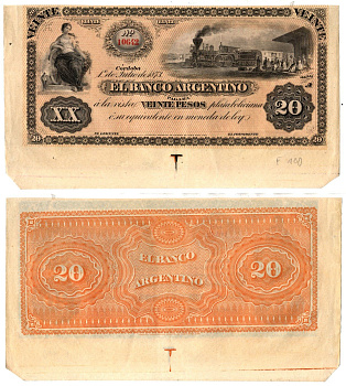 Аргентина 1 песо 1873 необрезанная банкнота Pick S1482 бумага 451-1260-1