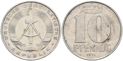 ГДР 10 пфеннигов 1971 А KM 10 алюминий 4589-843