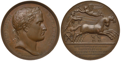 Франция медаль 1806 Наполеон I Бонапарт, капитуляция Ульма и Меммингена, колесница, ангел, 36,19 гр., диаметр 40,5 мм. Bramsen 433. Slg. Julius 1414 бронза 00-00