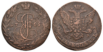 Россия 5 копеек 1765 ЕМ, Екатерина II (1762-1796) Биткин 611 медь 1103-10-22