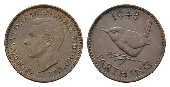 Великобритания 1 фартинг 1948 Георг VI (1936-1952) KM 843, Spink 4116 бронза 105-266