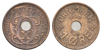 Дания 1 эре 1939 N, Кристиан X (1912-1947) KM 826 бронза 4701-623