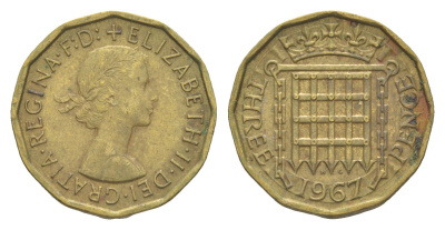 Великобритания 3 пенса 1967 Елизавета II (1952-2022) KM 900, Spink 4153 никель латунь 4643-467