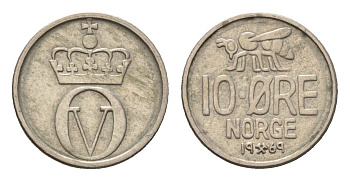 Норвегия 10 эре 1969 пчела, Улаф V KM 411 медно-никель 4685-1131