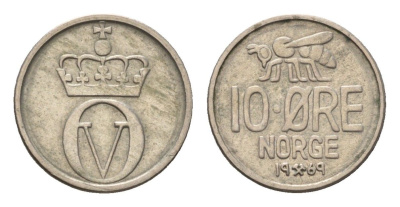 Норвегия 10 эре 1969 пчела, Улаф V KM 411 медно-никель 4685-1131