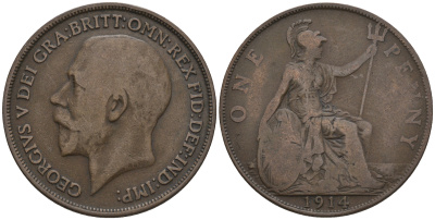 Великобритания 1 пенни 1914 Георг V (1910-1936) KM 810, Spink 4051 бронза 4112-711