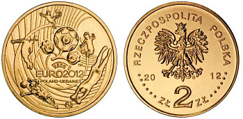 Польша 2 злотых 2012 чемпионат Европы по футболу, евро 2012, УЕФА, Польша-Украина KM 823 латунь UNC 4566-113