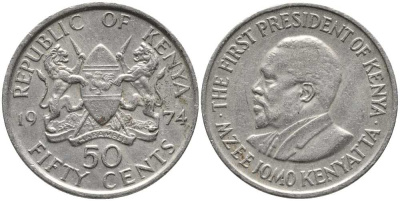 Кения 50 центов 1974 Джомо Кениата KM 13 медно-никель 110-616