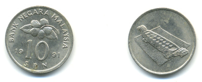 Малайзия 10 сенов 1991 цветок KM 51 медно-никель 3999-552