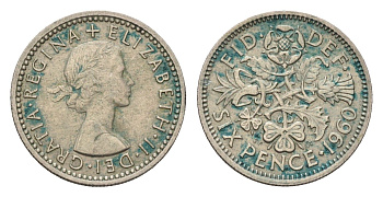Великобритания 6 пенсов 1960 Елизавета II (1952-2022) KM 903, Spink 4149 медно-никель 100-828