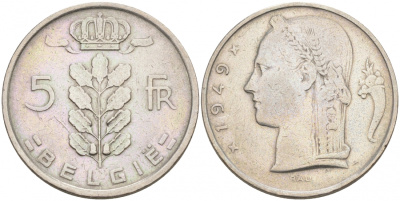 Бельгия 5 франков 1949 Belgie, Леопольд III (1934-1951) KM 135.1 медно-никель 68-646