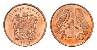 ЮАР 1 цент 1999 герб, капские воробьи KM 170 сталь плакированная медью UNC 4694-136