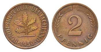 ФРГ 2 пфеннига 1950 D KM 106, J. 381 бронза 4596-1027