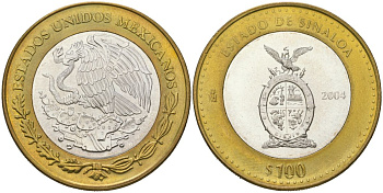 Мексика 100 песо 2004 180 лет Федерации - Синалоа KM 695 биметалл, серебро BU 00-00