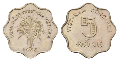 Южный Вьетнам 5 донгов 1966 год-тип KM 9 медно-никель 26-669