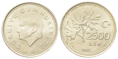 Турция 2500 лир 1992 KM 1015 никель бронза UNC 4700-131