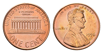 США 1 цент 1996 D, Линкольн KM 201b цинк плакированная бронзой UNC 99-357