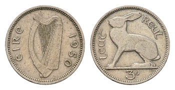 Ирландия 3 пенса 1950 заяц KM 12a медно-никель 4696-441
