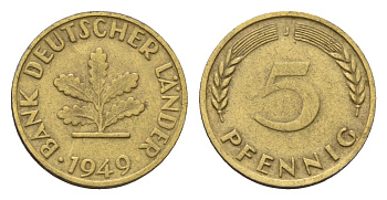 ФРГ 5 пфеннигов 1949 J KM 102, J. 377 сталь плакированная латунью 4685-413