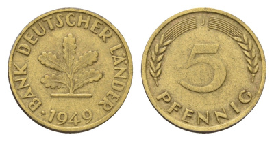 ФРГ 5 пфеннигов 1949 J KM 102, J. 377 сталь плакированная латунью 4685-413