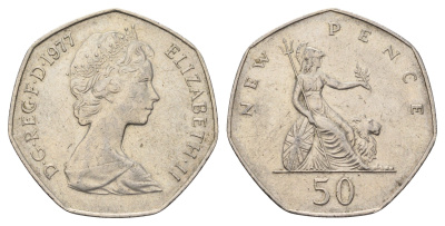 Великобритания 50 пенсов 1977 Елизавета II (1952-2022) KM 913, Spink 4223 (H1) медно-никель 4389-641