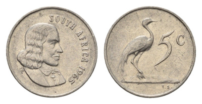 ЮАР 5 центов 1965 Ян ван Рибек (1619-1677), South Africa, легенда на англинском, райский журавль KM 67.1 медно-никель 4694-367