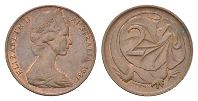 Австралия 2 цента 1981 Елизавета II (1952-2022), плащеносная ящерица KM 63 бронза 24-546