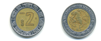 МЕКСИКА 2 ПЕСО 2005 KM 604 биметалл 3999-957
