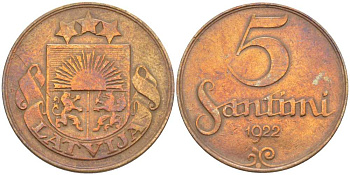 ЛАТВИЯ 5 САНТИМОВ 1922 ПЕРВАЯ РЕСПУБЛИКА (1918-1939), WITHOUT NAME KM 3 бронза 119-146