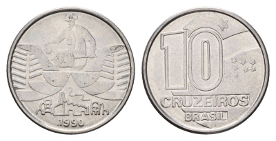 Бразилия 10 крузейро 1990 золотодобыча KM 619 нержавеющая сталь UNC 4686-612