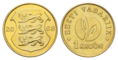Эстония 1 крона 2008 90 лет Эстонской республике KM 44 латунь UNC 4148-255