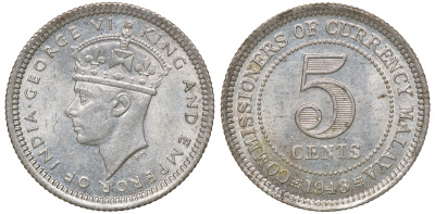 Британская Малайя 5 центов 1943 Георг VI (1937-1952) KM 3a серебро 53-161