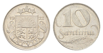 Латвия 10 сантимов 1922 год-тип KM 4 никель 4705-452