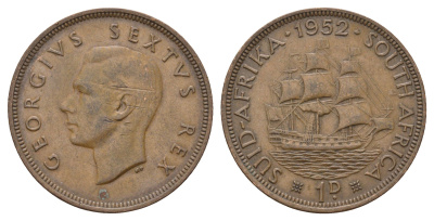 ЮАР 1 пенни 1952 Георг VI (1936-1952) KM 34.2 бронза 4517-1145