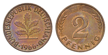 ФРГ 2 пфеннига 1966 F KM 106, J. 381 бронза 4115-358
