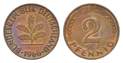 ФРГ 2 пфеннига 1966 F KM 106, J. 381 бронза 4115-358
